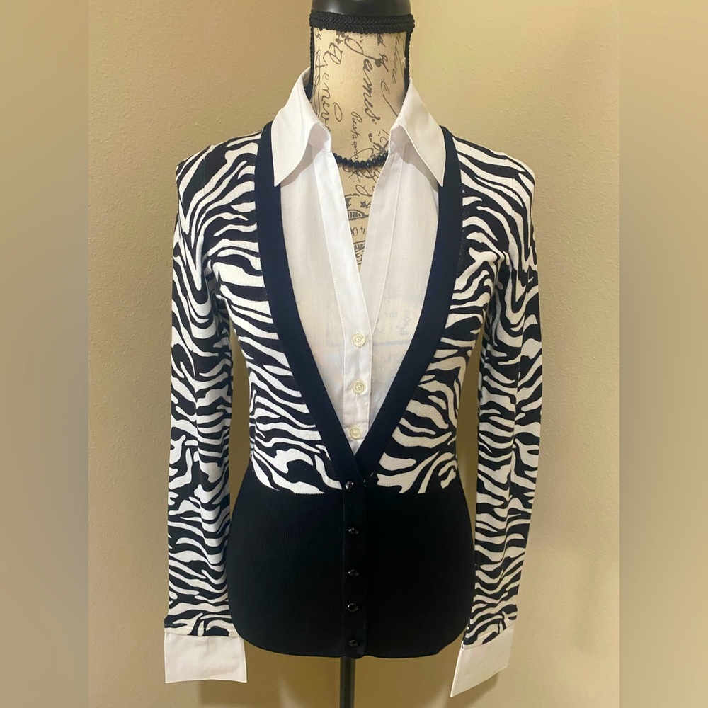 INC Black and White Fitted Size Small Sweater with White Mock Shirt! So Cute